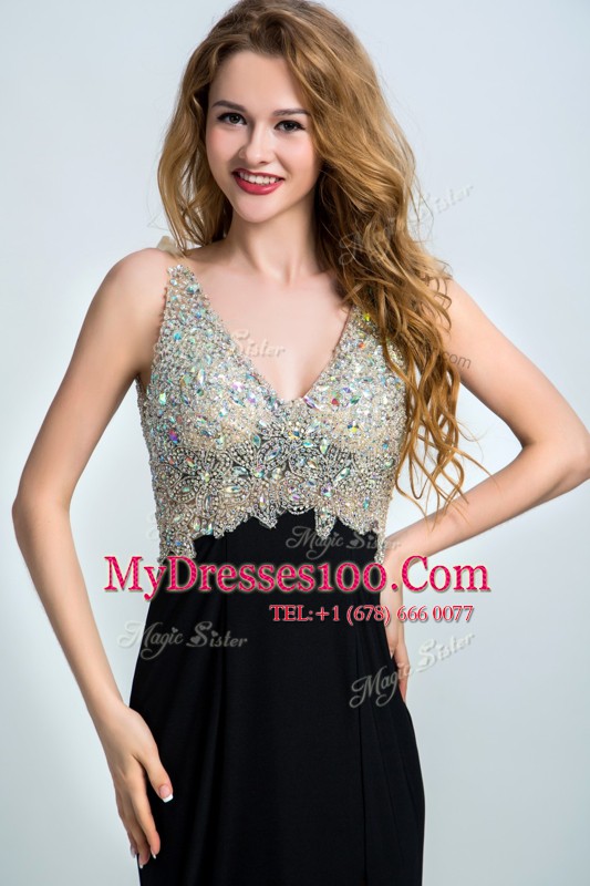 Straps Sleeveless Brush Train Backless Prom Evening Gown Black Chiffon
