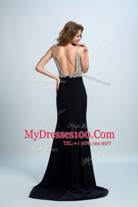 Straps Sleeveless Brush Train Backless Prom Evening Gown Black Chiffon