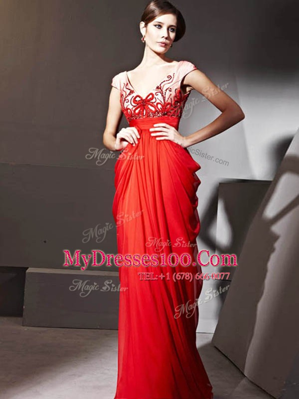 Glamorous Floor Length Zipper Mother Of The Bride Dress Red for Prom and Party with Beading and Appliques and Ruching