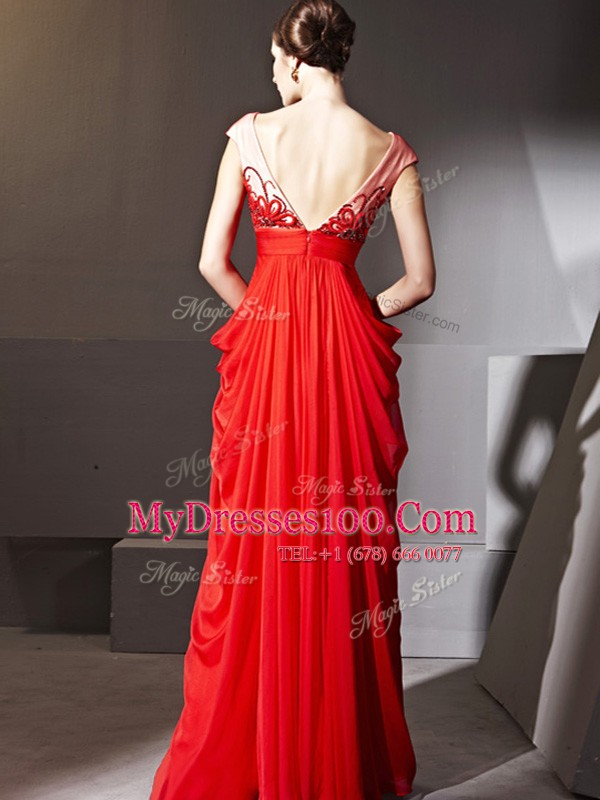 Glamorous Floor Length Zipper Mother Of The Bride Dress Red for Prom and Party with Beading and Appliques and Ruching