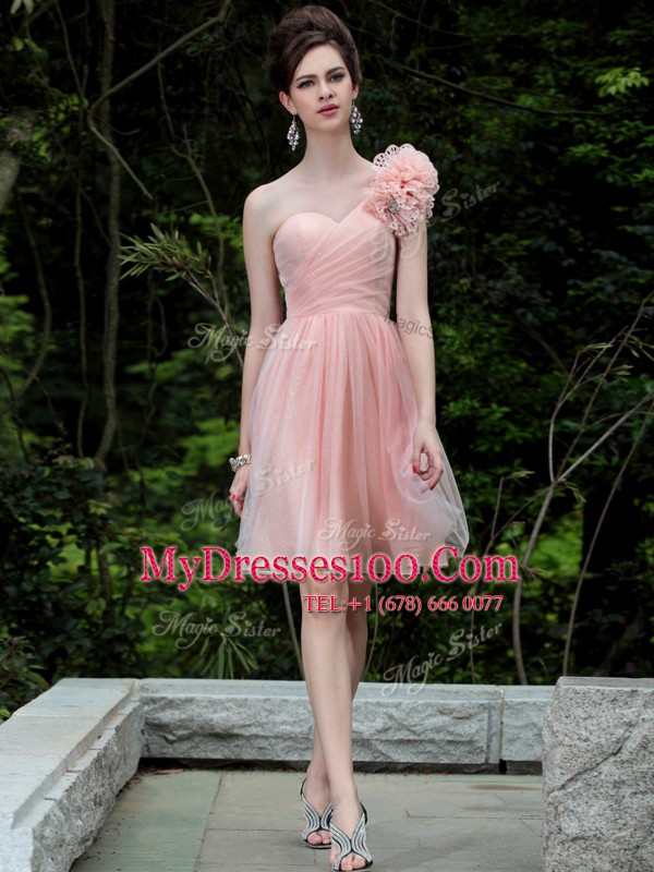 One Shoulder Tulle Sleeveless Knee Length Dress for Prom and Beading and Hand Made Flower