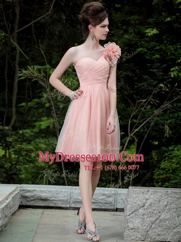 One Shoulder Tulle Sleeveless Knee Length Dress for Prom and Beading and Hand Made Flower