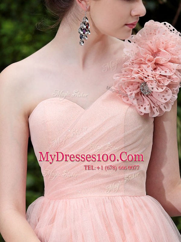 One Shoulder Tulle Sleeveless Knee Length Dress for Prom and Beading and Hand Made Flower