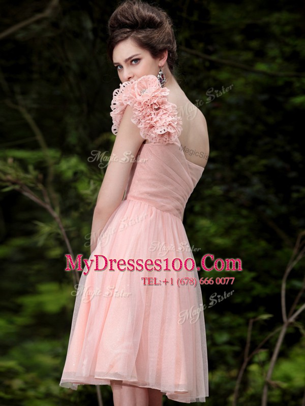 One Shoulder Tulle Sleeveless Knee Length Dress for Prom and Beading and Hand Made Flower