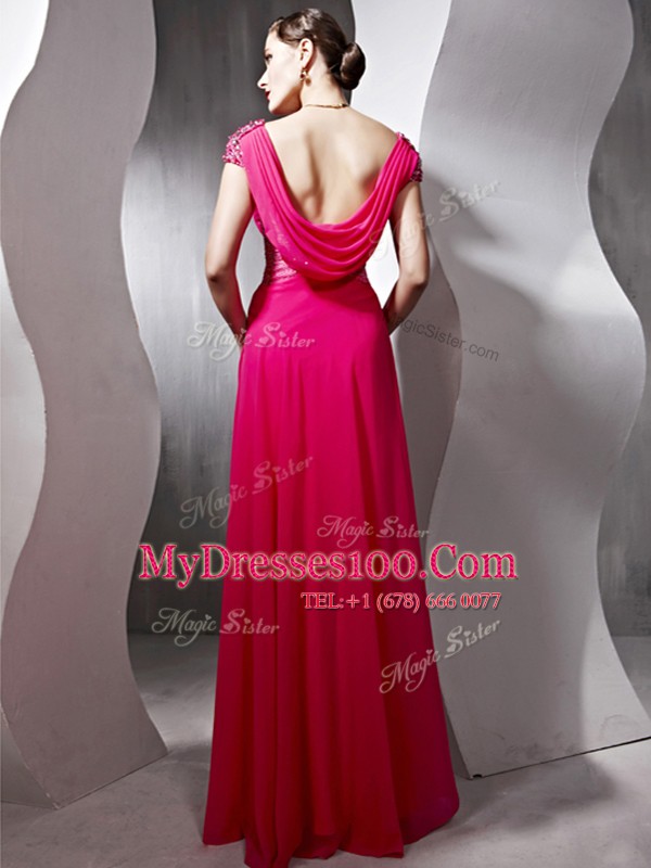 Hot Pink Scoop Neckline Beading and Ruching Mother Of The Bride Dress Cap Sleeves Side Zipper