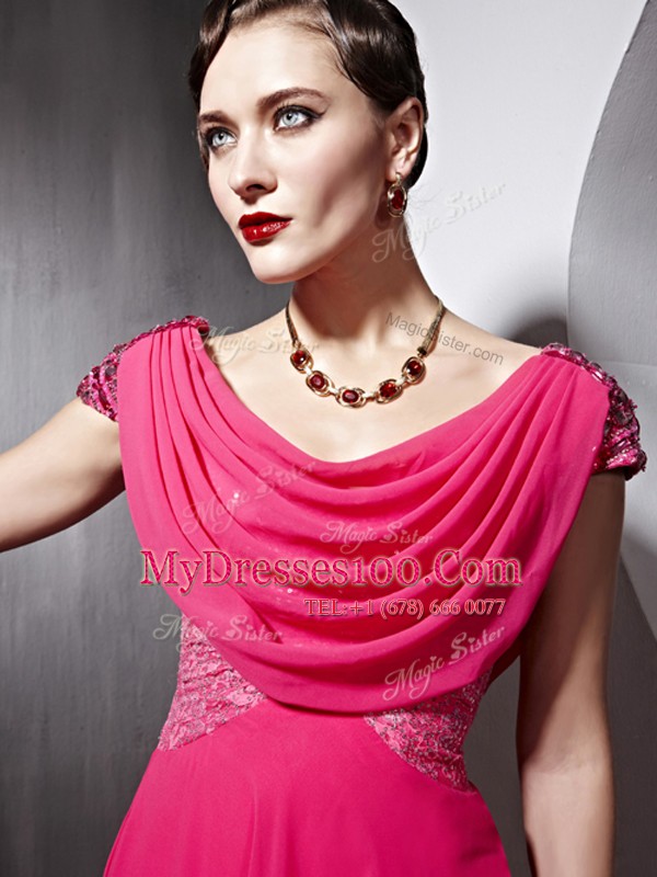 Hot Pink Scoop Neckline Beading and Ruching Mother Of The Bride Dress Cap Sleeves Side Zipper