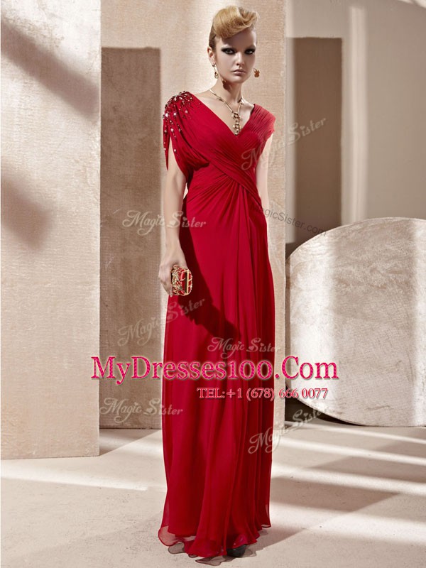Fancy Red Short Sleeves Beading and Ruching Floor Length Mother Of The Bride Dress
