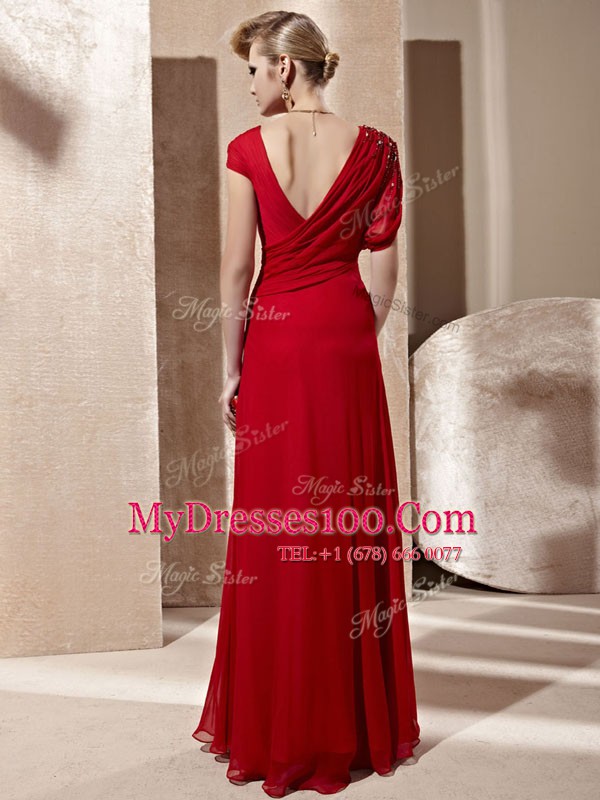 Fancy Red Short Sleeves Beading and Ruching Floor Length Mother Of The Bride Dress