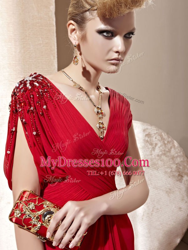 Fancy Red Short Sleeves Beading and Ruching Floor Length Mother Of The Bride Dress