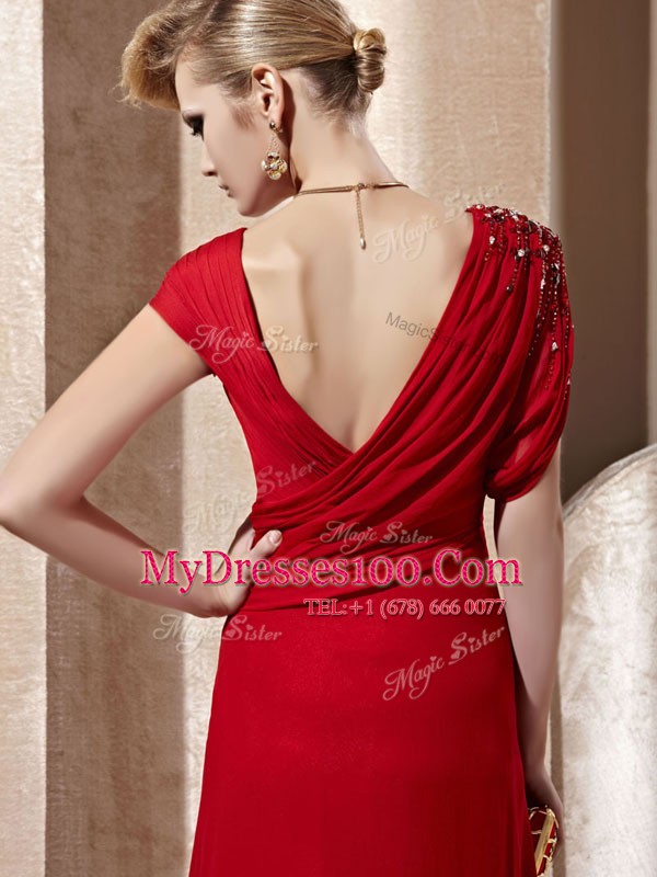 Fancy Red Short Sleeves Beading and Ruching Floor Length Mother Of The Bride Dress