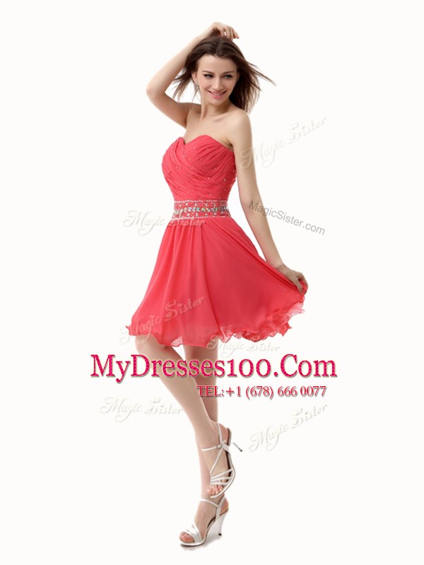 Watermelon Red A-line Sweetheart Sleeveless Chiffon Mini Length Zipper Beading and Ruching Homecoming Dress