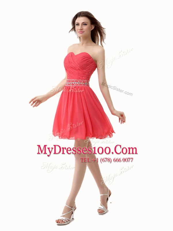 Watermelon Red A-line Sweetheart Sleeveless Chiffon Mini Length Zipper Beading and Ruching Homecoming Dress