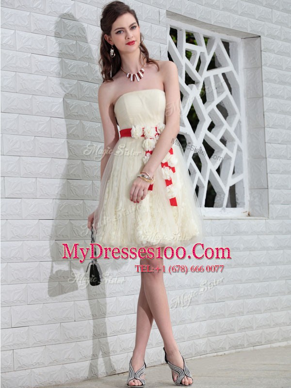 Strapless Sleeveless Prom Dress Floor Length Belt and Hand Made Flower White Tulle and Lace