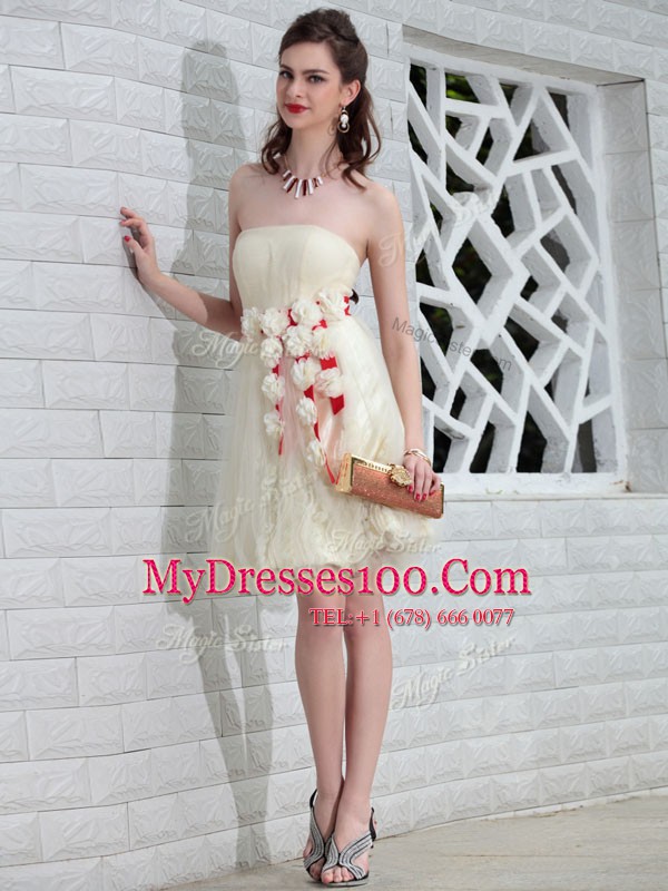 Strapless Sleeveless Prom Dress Floor Length Belt and Hand Made Flower White Tulle and Lace