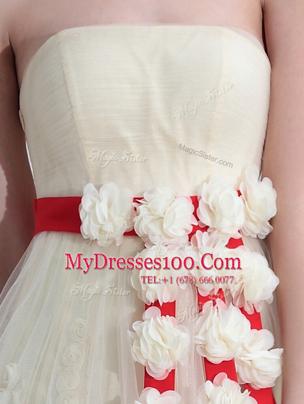 Strapless Sleeveless Prom Dress Floor Length Belt and Hand Made Flower White Tulle and Lace