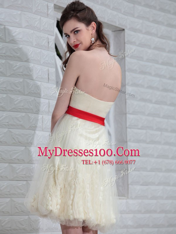 Strapless Sleeveless Prom Dress Floor Length Belt and Hand Made Flower White Tulle and Lace