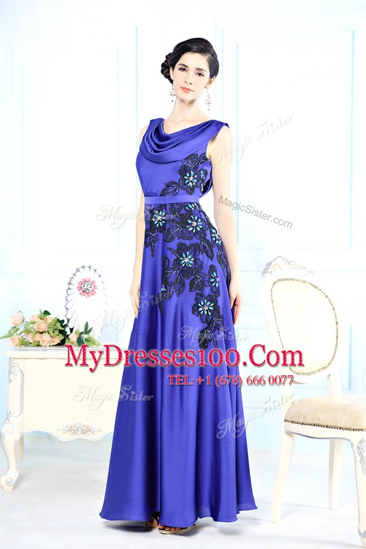 Scoop Floor Length Backless Prom Evening Gown Blue for Prom and Party with Appliques