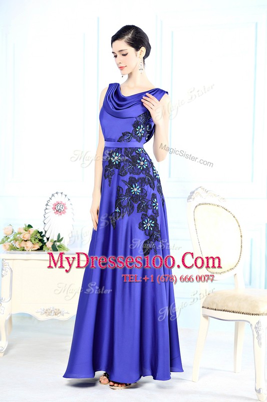 Scoop Floor Length Backless Prom Evening Gown Blue for Prom and Party with Appliques