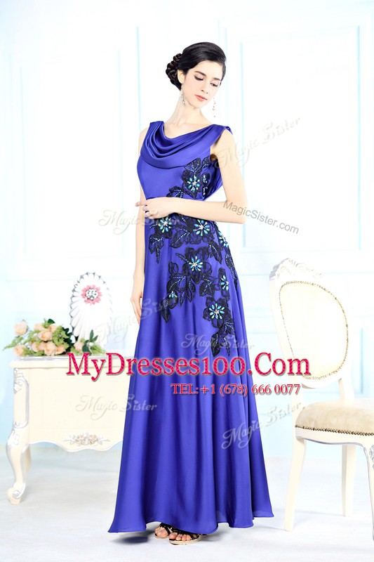 Scoop Floor Length Backless Prom Evening Gown Blue for Prom and Party with Appliques