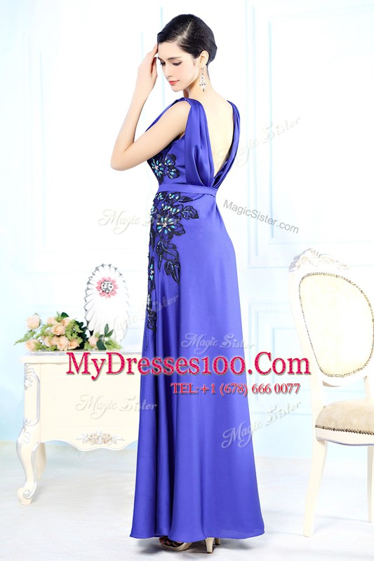 Scoop Floor Length Backless Prom Evening Gown Blue for Prom and Party with Appliques