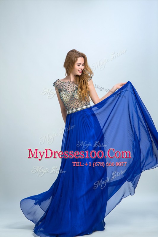 Floor Length Zipper Prom Evening Gown Royal Blue for Prom and Party with Beading