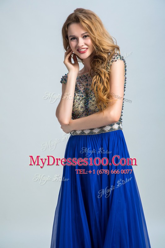 Floor Length Zipper Prom Evening Gown Royal Blue for Prom and Party with Beading