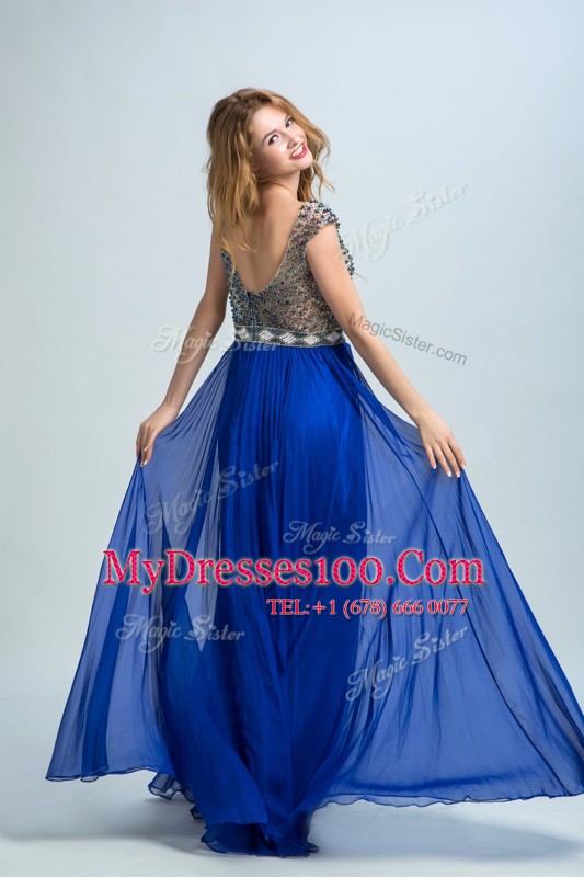 Floor Length Zipper Prom Evening Gown Royal Blue for Prom and Party with Beading