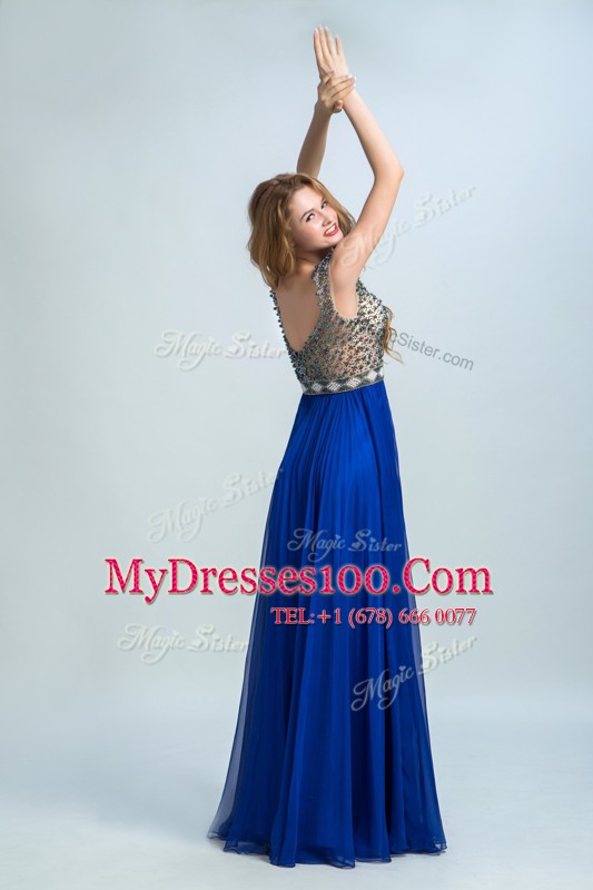 Floor Length Zipper Prom Evening Gown Royal Blue for Prom and Party with Beading