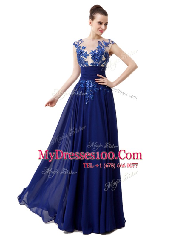 Cap Sleeves Chiffon Floor Length Zipper Hoco Dress in Blue with Beading and Appliques