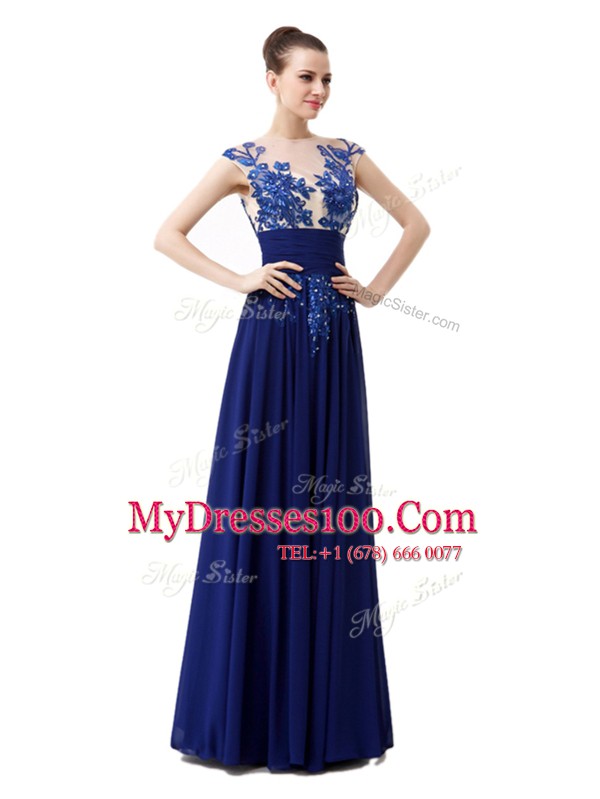 Cap Sleeves Chiffon Floor Length Zipper Hoco Dress in Blue with Beading and Appliques