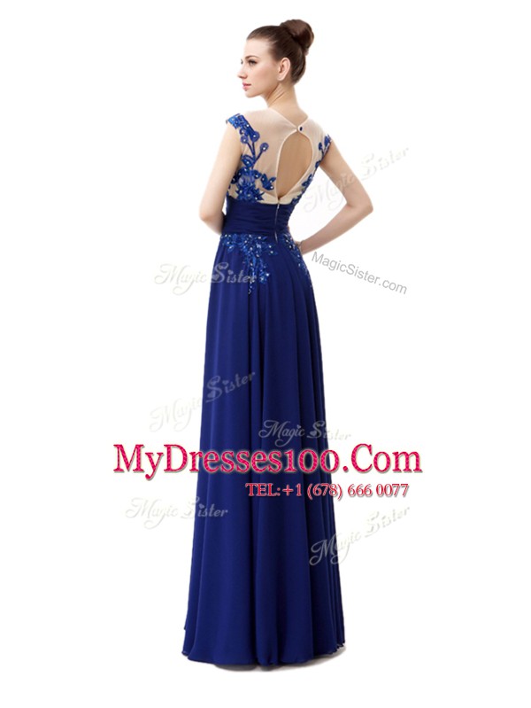Cap Sleeves Chiffon Floor Length Zipper Hoco Dress in Blue with Beading and Appliques