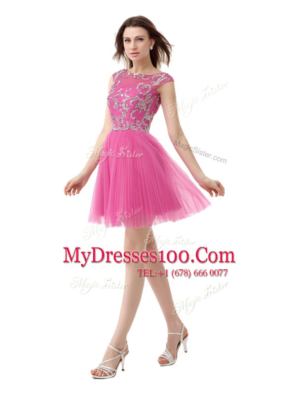 Rose Pink Scoop Neckline Beading and Sequins and Pleated Womens Evening Dresses Cap Sleeves Zipper