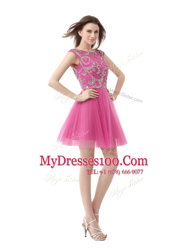 Rose Pink Scoop Neckline Beading and Sequins and Pleated Womens Evening Dresses Cap Sleeves Zipper