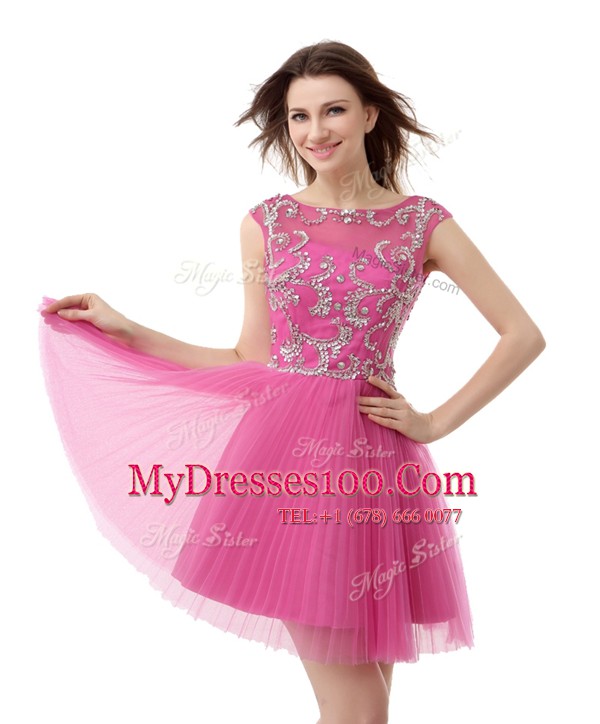 Rose Pink Scoop Neckline Beading and Sequins and Pleated Womens Evening Dresses Cap Sleeves Zipper