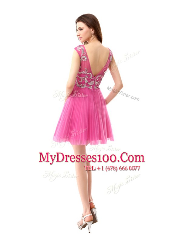 Rose Pink Scoop Neckline Beading and Sequins and Pleated Womens Evening Dresses Cap Sleeves Zipper