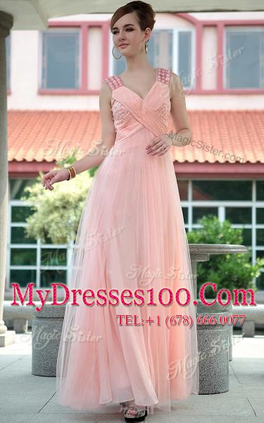 V-neck Sleeveless Chiffon Dress for Prom Beading Zipper