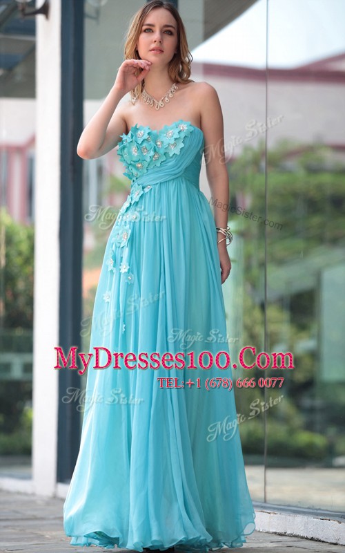 Custom Designed Sweetheart Sleeveless Juniors Evening Dress Floor Length Beading and Hand Made Flower Aqua Blue Chiffon