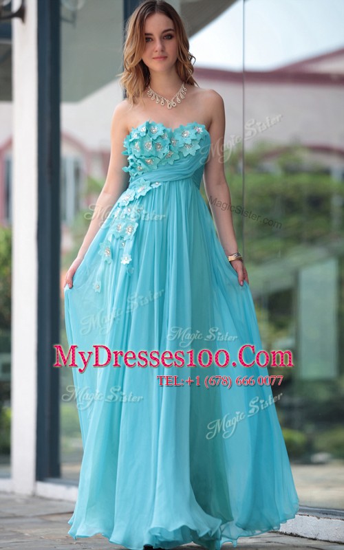 Custom Designed Sweetheart Sleeveless Juniors Evening Dress Floor Length Beading and Hand Made Flower Aqua Blue Chiffon