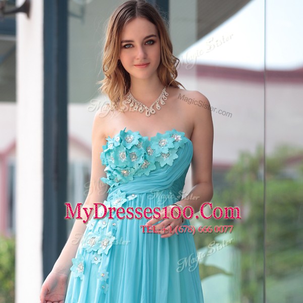 Custom Designed Sweetheart Sleeveless Juniors Evening Dress Floor Length Beading and Hand Made Flower Aqua Blue Chiffon