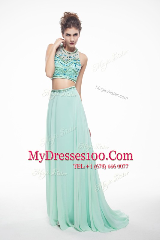 Comfortable Scoop Sleeveless Brush Train Beading Criss Cross Evening Dress