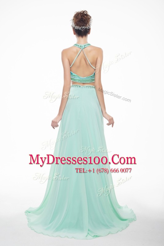 Comfortable Scoop Sleeveless Brush Train Beading Criss Cross Evening Dress