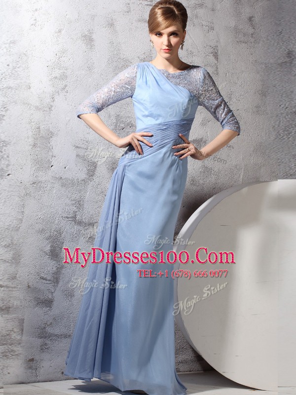 Scoop Ankle Length Light Blue Mother Of The Bride Dress Chiffon Half Sleeves Beading and Ruching