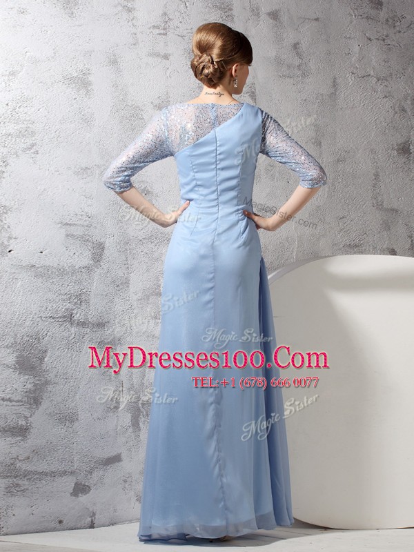 Scoop Ankle Length Light Blue Mother Of The Bride Dress Chiffon Half Sleeves Beading and Ruching