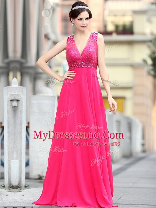 On Sale Hot Pink Chiffon Zipper V-neck Sleeveless With Train Mother Of The Bride Dress Brush Train Beading and Sequins