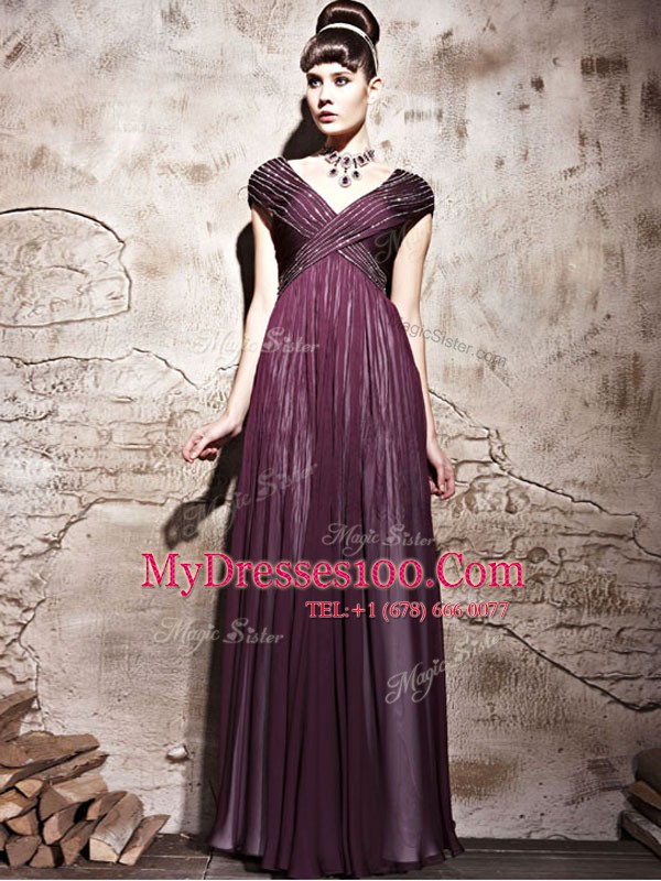 V-neck Cap Sleeves Side Zipper Prom Dress Purple Chiffon