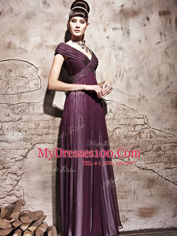 V-neck Cap Sleeves Side Zipper Prom Dress Purple Chiffon