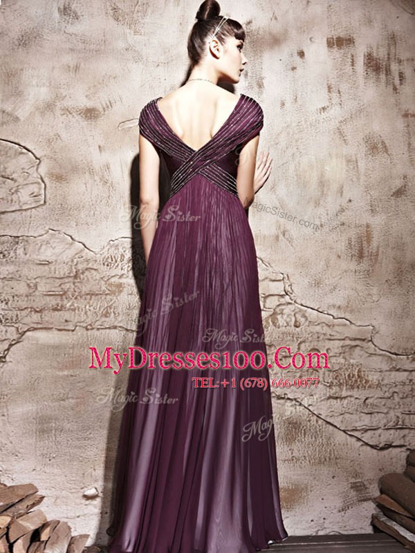 V-neck Cap Sleeves Side Zipper Prom Dress Purple Chiffon