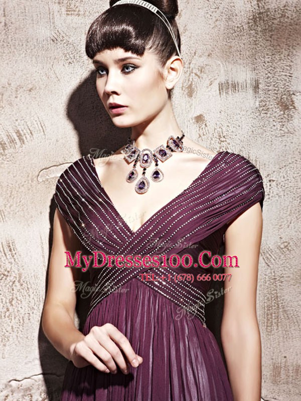 V-neck Cap Sleeves Side Zipper Prom Dress Purple Chiffon