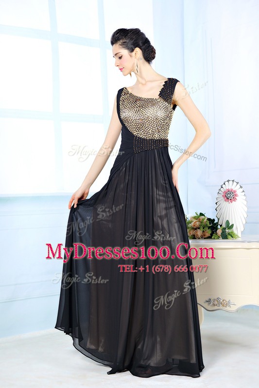 Black Chiffon Side Zipper Homecoming Dress Sleeveless Floor Length Beading