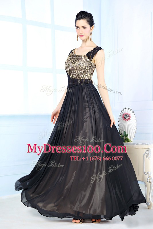 Black Chiffon Side Zipper Homecoming Dress Sleeveless Floor Length Beading